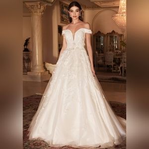 White off the shoulder floral glitter motif tulle a line wedding dress